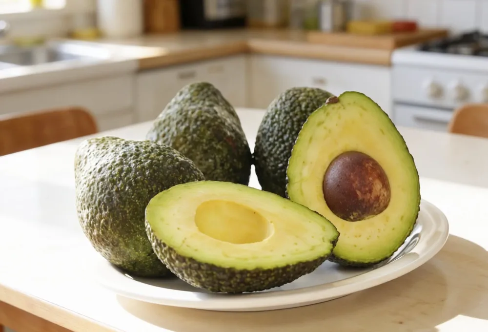 Fresh whole and sliced avocados placed on a white plate on a kitchen counter, showcasing their creamy texture and healthy green flesh.