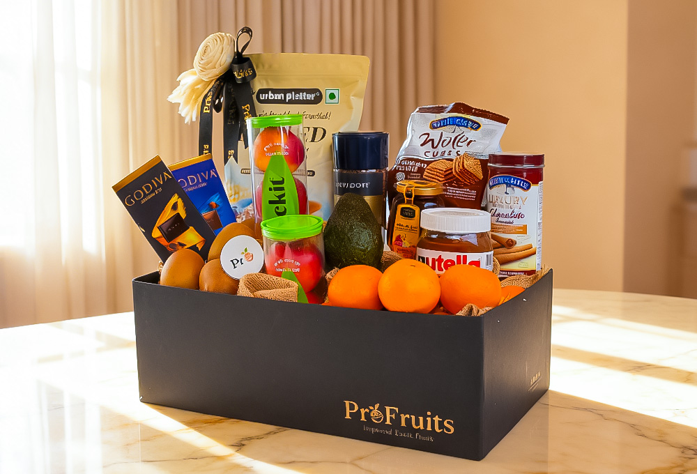 A luxurious **ProFruits** gift basket filled with fresh fruits, Godiva chocolates, Nutella, gourmet biscuits, and premium treats — elegantly presented in a sleek black box.