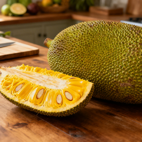 The image shows a jackfruit with its rough green skin, partially opened to reveal the yellow, fibrous flesh inside, placed on a wooden kitchen table.