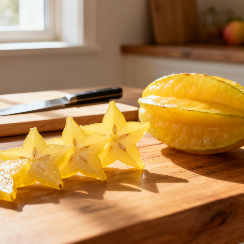The image shows a starfruit (carambola) sliced into star-shaped pieces, placed on a wooden kitchen table, with the whole fruit visible in the background.