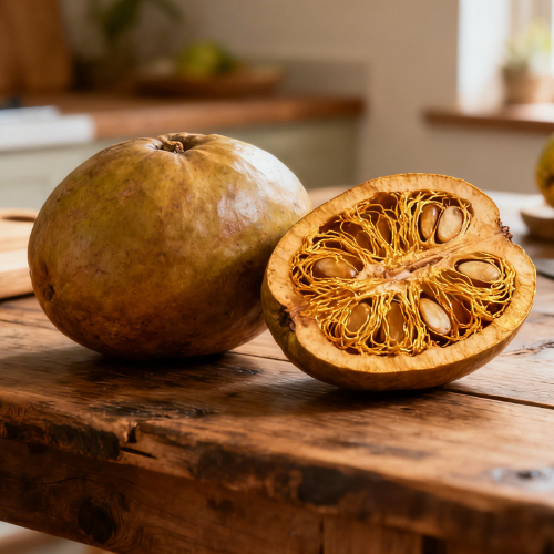 The image shows a wood apple (bael), one of the rare fruits in India, with its hard outer shell, sliced open to reveal its golden-brown, fibrous pulp and seeds, placed on a wooden table.