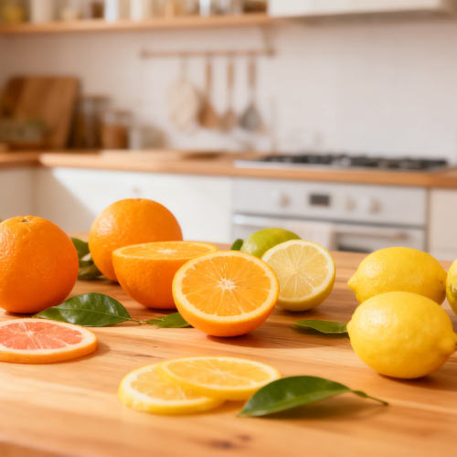 This image features vibrant citrus fruits—oranges, lemons, and grapefruits—arranged on a wooden kitchen counter with fresh green leaves, creating a bright and inviting atmosphere.