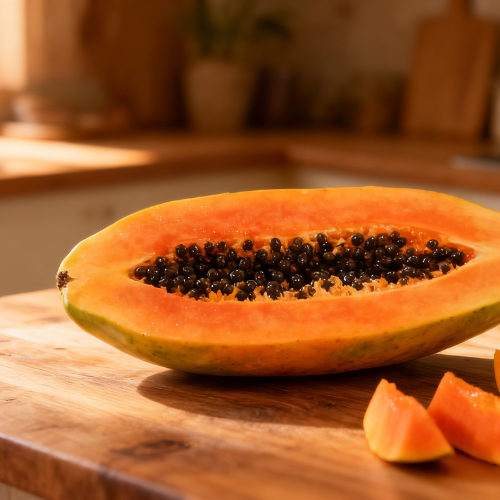 This image showcases a ripe papaya halved to reveal its black seeds, with slices of the fruit placed on a wooden kitchen surface, bathed in warm natural light.