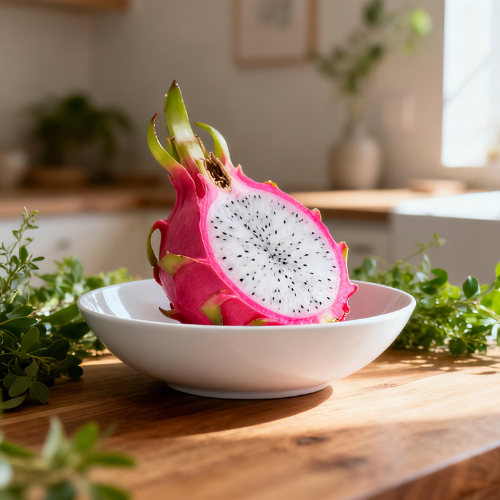 This image shows a vibrant dragon fruit, cut in half to reveal its white, speckled flesh, placed in a white bowl with a soft, natural background.