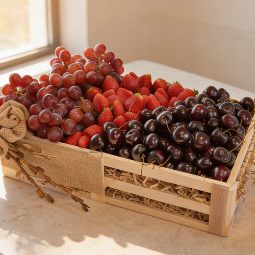 A rustic wooden fruit basket filled with fresh grapes, strawberries, and dark cherries, beautifully arranged and branded with a ProFruits tag in soft natural sunlight.