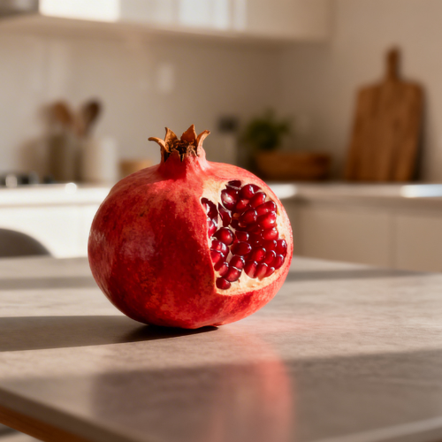 This image features a fresh pomegranate with its vibrant red seeds visible, placed on a marble surface, highlighting its appeal as one of the fruits that boost immunity.
