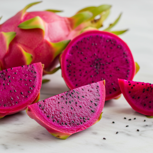 Close-up of fresh dragon fruit slices with vibrant pink flesh and black seeds, showcasing their juicy texture on a clean surface.
