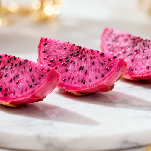 Juicy dragon fruit slices with vibrant pink flesh and black seeds, glistening with moisture on a marble surface in soft, warm lighting.