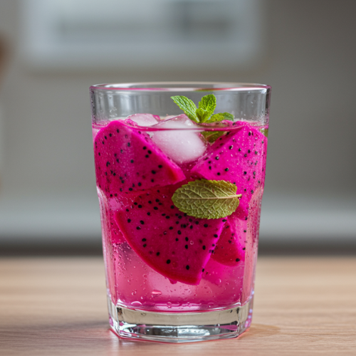 A refreshing glass of dragon fruit-infused water with ice and mint leaves, showcasing vibrant pink slices in a clear drink.
