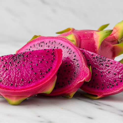 Fresh dragon fruit slices with vibrant pink flesh and black seeds arranged on a marble surface, highlighting their juicy texture and dragon fruit benefits for skin.