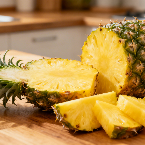Freshly sliced pineapple with juicy golden flesh arranged on a wooden kitchen counter.