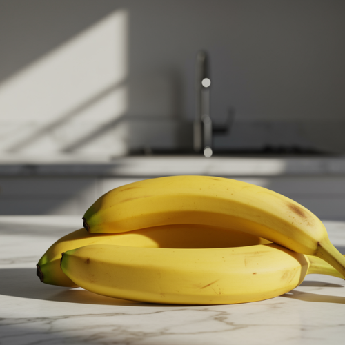 A bunch of ripe yellow bananas resting on a white marble kitchen countertop in soft natural light.
