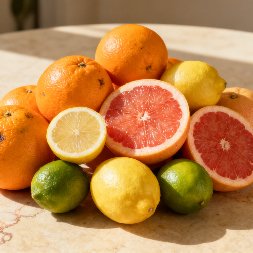 A vibrant assortment of citrus fruits including oranges, lemons, limes, and halved grapefruits arranged on a marble surface.