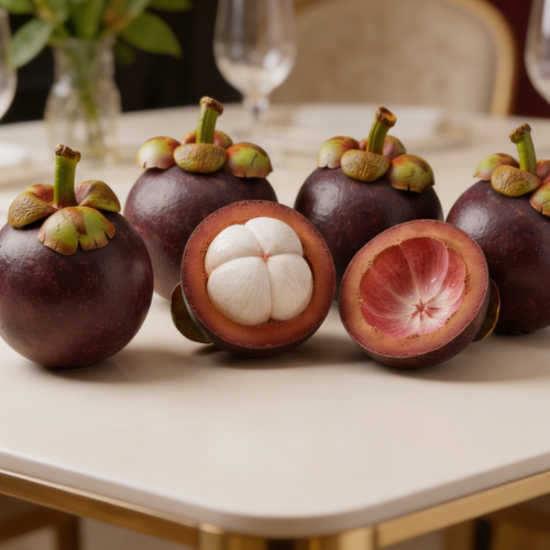 Fresh mangosteen fruits displayed on a table, with one cut open revealing its juicy white segments and vibrant interior.