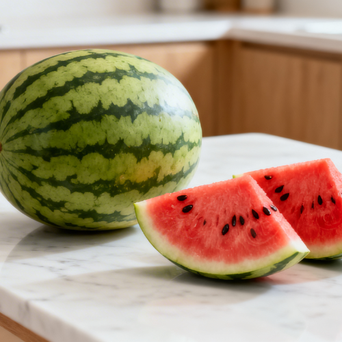 A whole watermelon with freshly sliced wedges on a marble kitchen table, often considered one of the best fruits for kidney health due to its high water content. 
