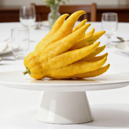 A vibrant Buddha’s Hand citron displayed on a pedestal, showcasing its unique finger-like shape and bright yellow texture.