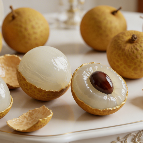 Fresh longan fruits, some peeled to reveal their glossy translucent flesh and dark seed, arranged elegantly on a plate.