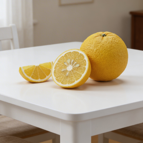 A fresh yuzu, a premium foreign fruits variety, displayed whole and sliced to reveal its juicy citrus interior.