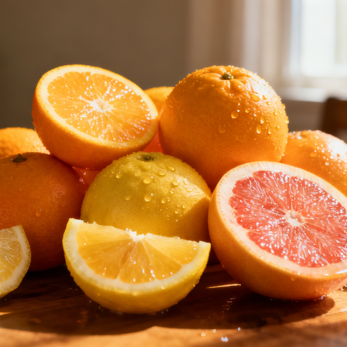 A vibrant arrangement of fresh citrus fruits—orange, lemon, and grapefruit—glistening with water droplets in soft natural sunlight.