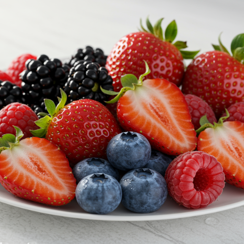 A colorful mix of fresh berries—strawberries, blueberries, raspberries, and blackberries—beautifully arranged on a plate.