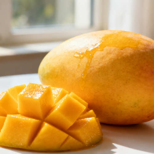 A ripe mango with juicy cubes cut in a hedgehog style, glistening under soft natural sunlight.