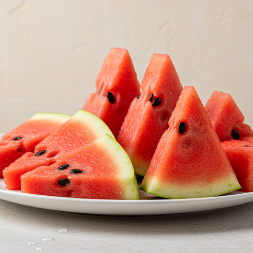 Fresh, juicy watermelon slices arranged on a plate, showcasing vibrant red flesh and black seeds.