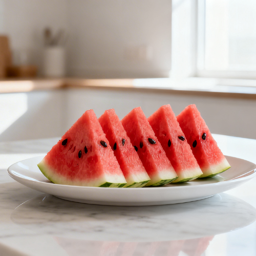 Fresh watermelon slices neatly arranged on a white plate in a bright, minimal kitchen setting. 
