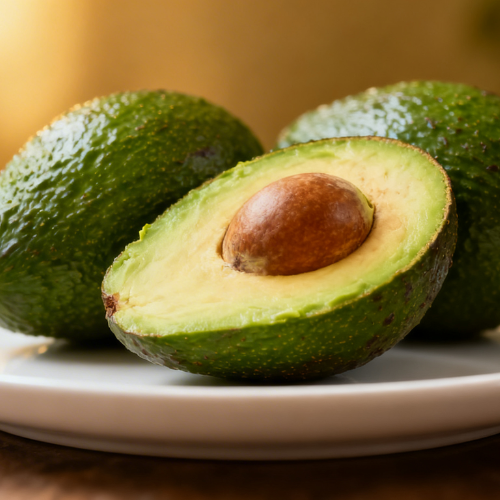 A ripe avocado, halved to reveal its creamy green flesh and seed, placed alongside whole avocados on a plate.