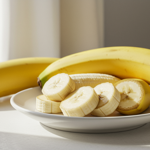 Fresh bananas, both whole and sliced, arranged on a plate, highlighting their soft, creamy texture.
