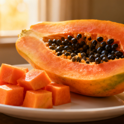A ripe papaya cut open with juicy cubes beside it, showcasing one of the best fruits for glowing skin.