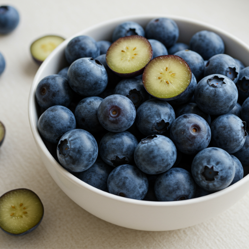 This image features a bowl filled with fresh blueberries, with a few cut in half to reveal their interior.