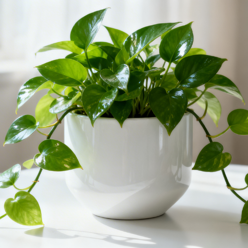 A lush, vibrant pothos plant with trailing heart-shaped leaves sitting beautifully in a clean white ceramic pot, bathed in soft natural light.
