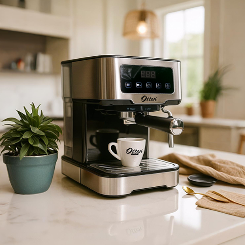A sleek **Otten** stainless steel espresso machine sitting elegantly on a marble kitchen counter, paired with a branded white cup and a cozy, sunlit home backdrop.