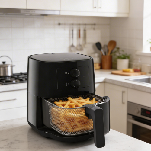 A sleek black air fryer with a basket full of crispy golden fries, sitting ready on a clean, well-equipped modern kitchen counter.