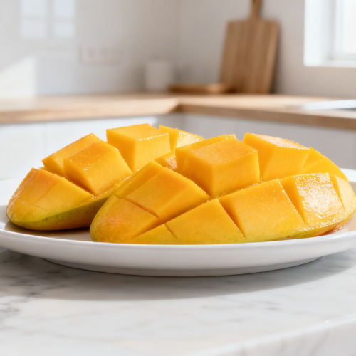 Fresh ripe mango slices neatly arranged on a white plate in a bright, modern kitchen setting. 
