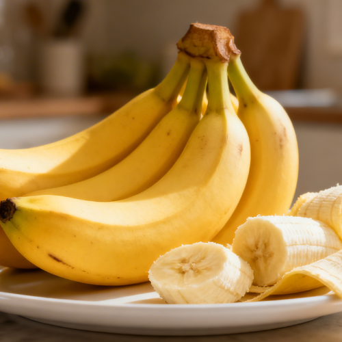 A bunch of ripe yellow bananas alongside a freshly peeled and sliced banana on a white plate in a bright kitchen setting.