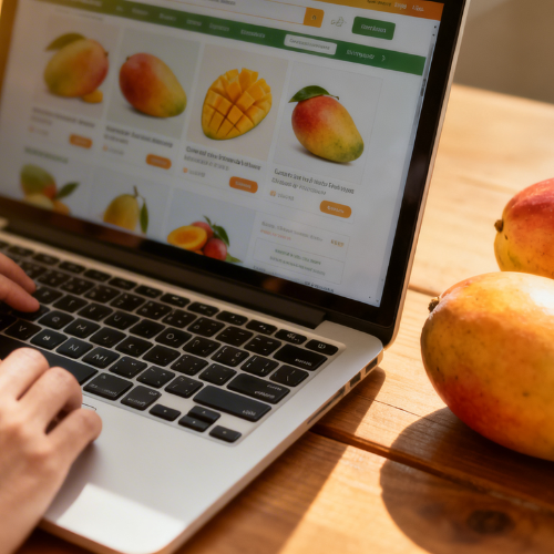 A person browses and orders fresh mangoes online on a laptop, with real mangoes placed beside them.
