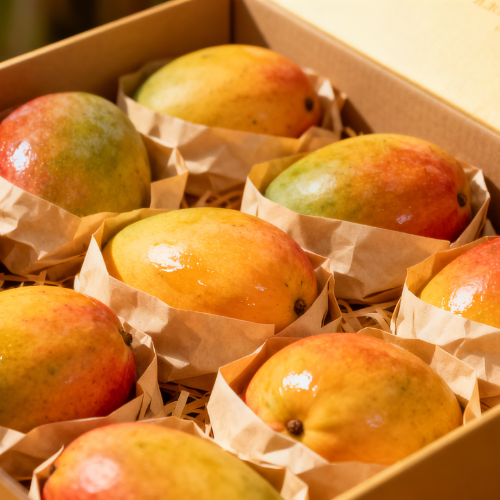 A neatly packed box of fresh mangoes wrapped in paper showcases premium quality and careful delivery.