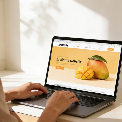 A person browses the ProFruits website on a laptop, exploring fresh mango options online in a bright, minimal setting.