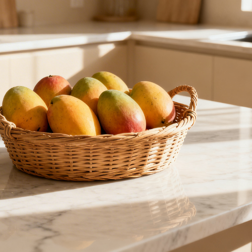 A basket of fresh ripe mangos online sits on a sunlit kitchen counter, highlighting their natural color and freshness.