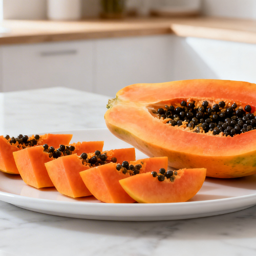 Fresh papaya, both halved and sliced, arranged on a white plate in a bright modern kitchen setting. 
