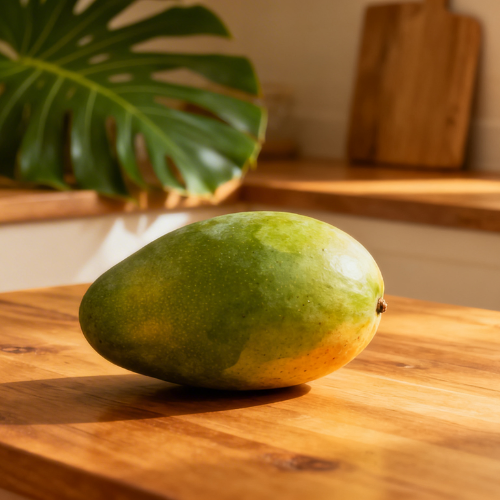 The image shows a ripe Langda mango placed on a wooden kitchen table, bathed in soft natural light, highlighting its green skin and smooth texture.