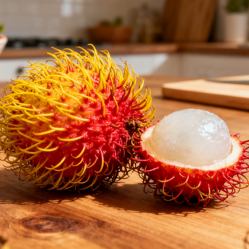 The image shows a rambutan fruit with its spiky red and yellow skin, partially peeled to reveal the translucent, white flesh inside, placed on a wooden kitchen table.