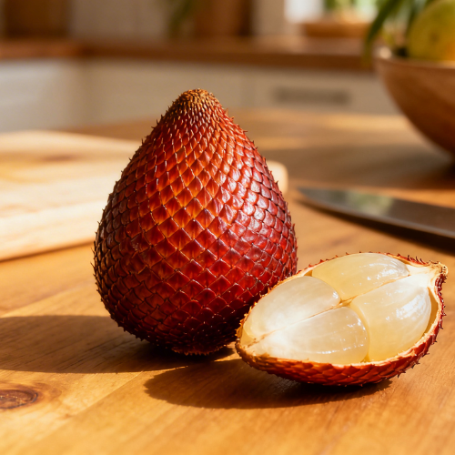 The image shows a salak (snake fruit) with its red-brown scaly skin, partially peeled to reveal the translucent, white flesh inside, placed on a wooden kitchen table.