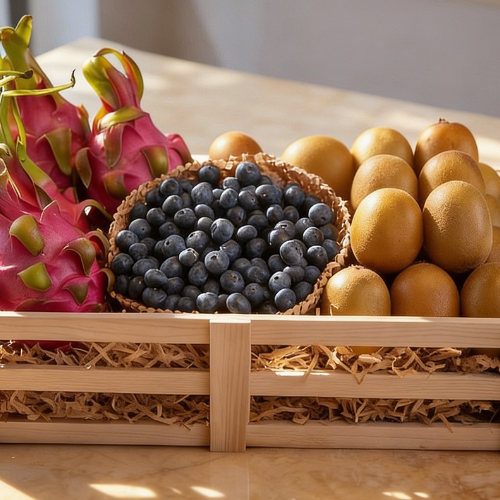 A premium wooden fruit crate featuring dragon fruit, blueberries, and golden kiwis, beautifully arranged to highlight fresh exotic fruits in natural sunlight.