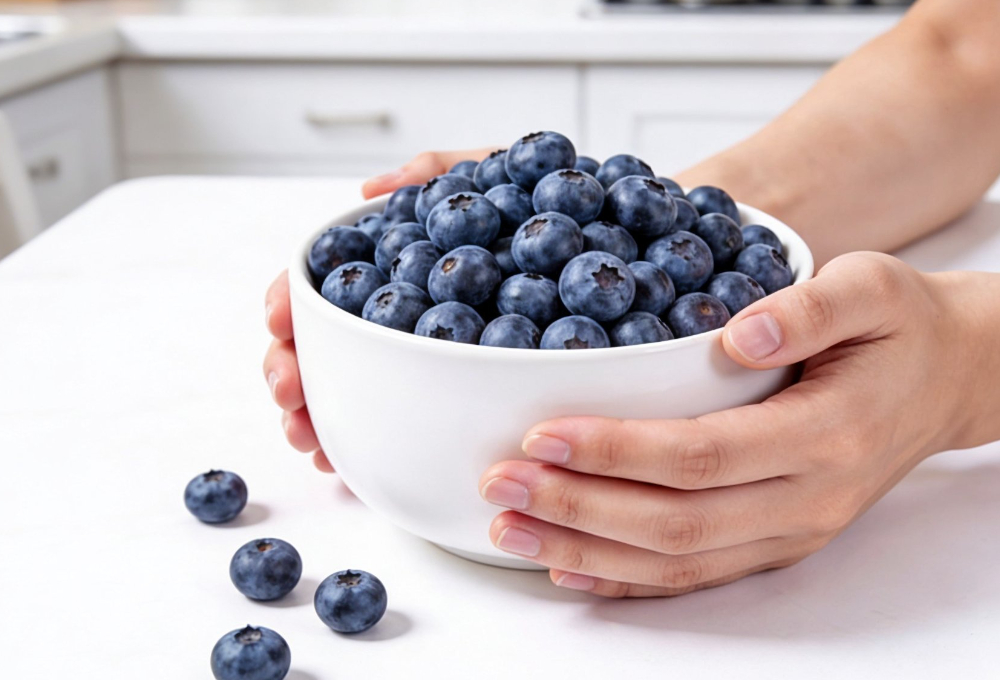 Two hands gently holding a white bowl overflowing with fresh plump blueberries on a clean white kitchen counter.