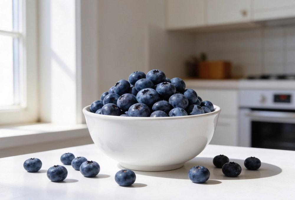 A white bowl filled with fresh blueberries sits on a bright kitchen counter, highlighting their deep blue color and natural freshness.