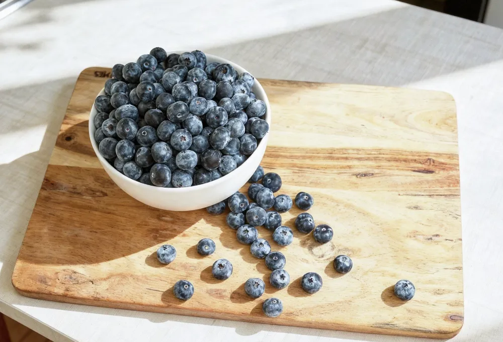 A bowl filled with fresh blueberries sits on a wooden board with a few berries scattered across a bright kitchen countertop. 
