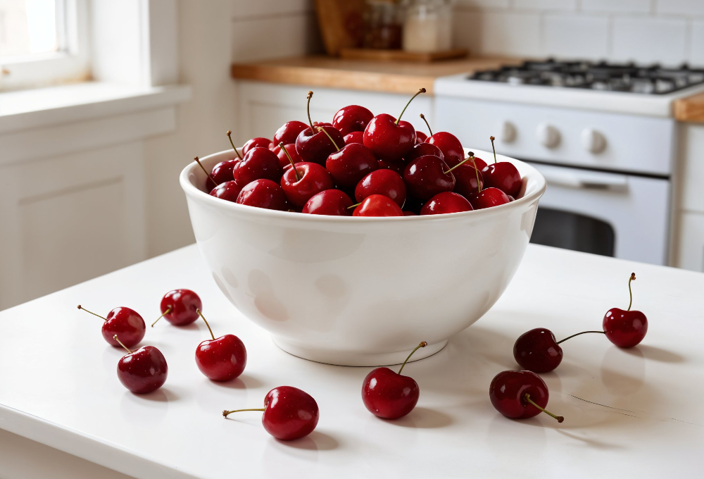 A bowl filled with fresh, glossy red cherries sits on a white kitchen counter, highlighting their vibrant color and natural freshness.