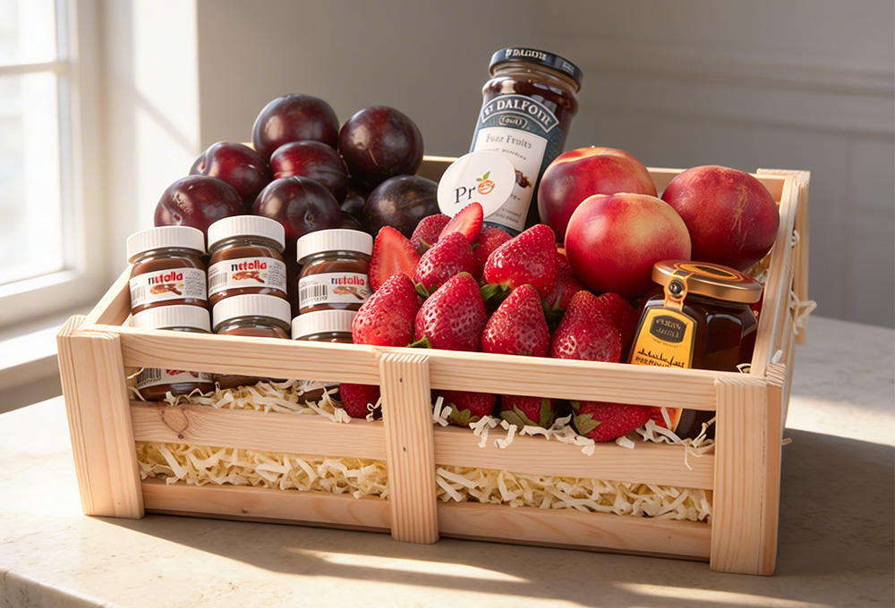 A premium wooden fruit box filled with fresh plums, strawberries, nectarines, mini Nutella jars, organic honey, and gourmet fruit spread beautifully arranged in natural sunlight.